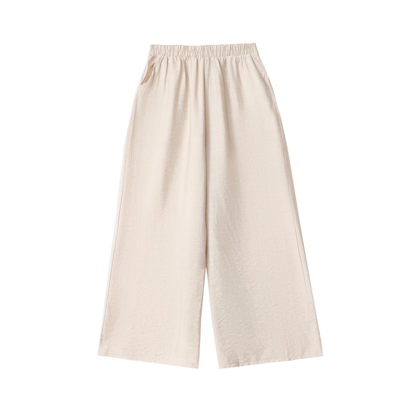 女性用 七分パンツ 夏用 薄手 綿麻 高腰 ワイドレッグ ゆったり レディース シニア ミディ丈 コットン リネン 加工 ポケット付き ライトウェイト ベージュ ホワイト ブラック カジュアル スタイル レトロ 風 ゆったりフィット 日常使い 快適 素材 fork-br-10768573 フォークBR パッケージ画像