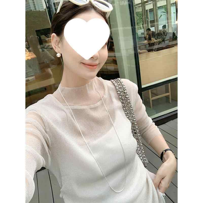 乐天商城 - Tシャツ 女性用 修身 切り替え 光沢 チュール 軽量 長袖 トップス 立襟 秋 ベージュ ブラック 私服 シック スタイル 接触冷感 吸湿速乾 伸縮性 高級感