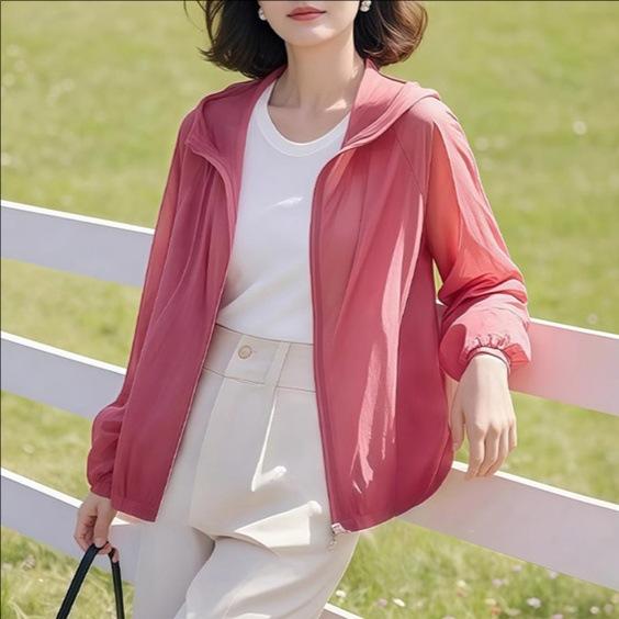 Other - レディース スポーツ風 休闲 ルーズ フーディ ジャケット 夏 薄手 長袖 トップス 防晒 ピンク 単色 ジッパー 気質 优雅 日韓 カジュアル スタイル 接触冷感 吸湿速乾 軽量 通勤 普段使い アウトドア 対応 普通丈 ミドル厚 再生繊維 素材