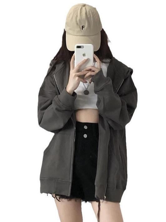 乐天商城 - パーカー レディース 春夏 長袖 ジップアップ フード 付き コート 薄手 ゆったり シルエット 灰色 ポリエステル 混紡 素材 軽量 街着 カジュアル スタイル 学院風 開き 上着 普段使い アウトドア 対応 吸湿速乾 機能 伸縮性 ソフト タッチ