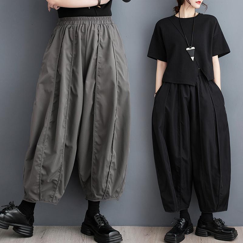 乐天商城 - レディース 九分パンツ ハーレムパンツ ルーズフィット ダークカラー グレー ブラック マイクロストレッチ 吸湿速乾 ミッドウェイト ハイウエスト ルームウェア カジュアルパンツ ゆったりシルエット デイリーコーデ 女性用 ボトムス トップス合わせ 軽量
