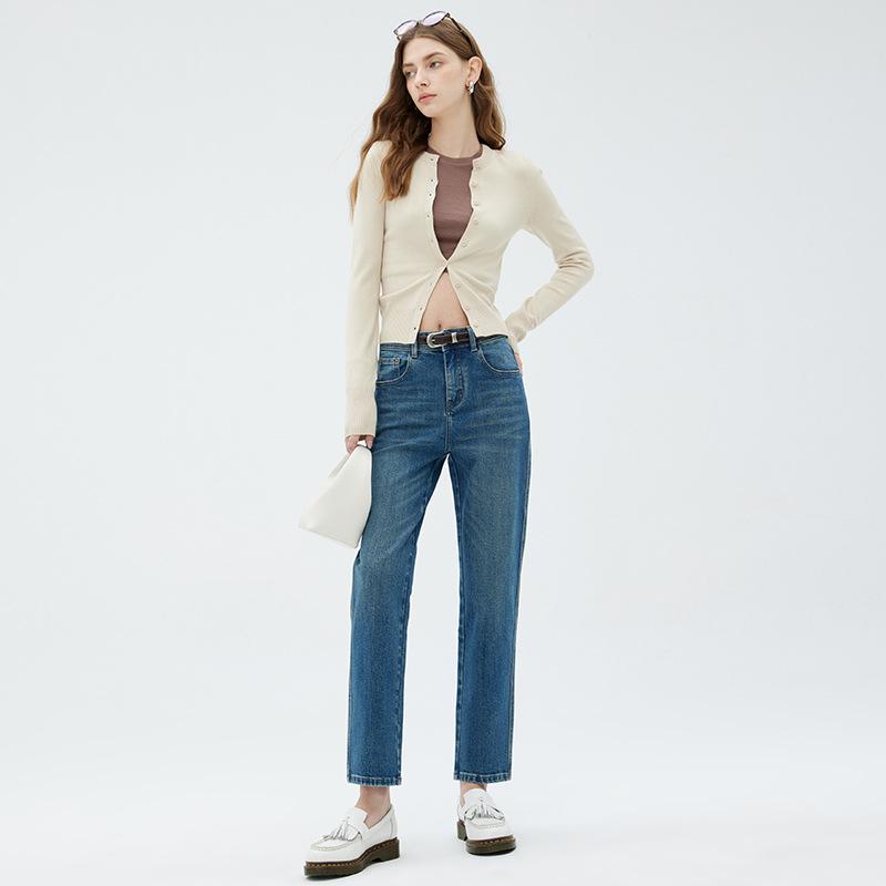 Rakuten - パンツ 女性用 秋冬 牛仔 デニムパンツ ハイウエスト 九分丈 ストレート 筒型 微弾性 伸縮性 スリム 細身 煙管 フレンチスタイル コーンパンツ 洗い加工 ジッパー ボタン 純色 ブルー 洗練 スタイル 私服 洗練 シルエット 軽量 耐久 不変色