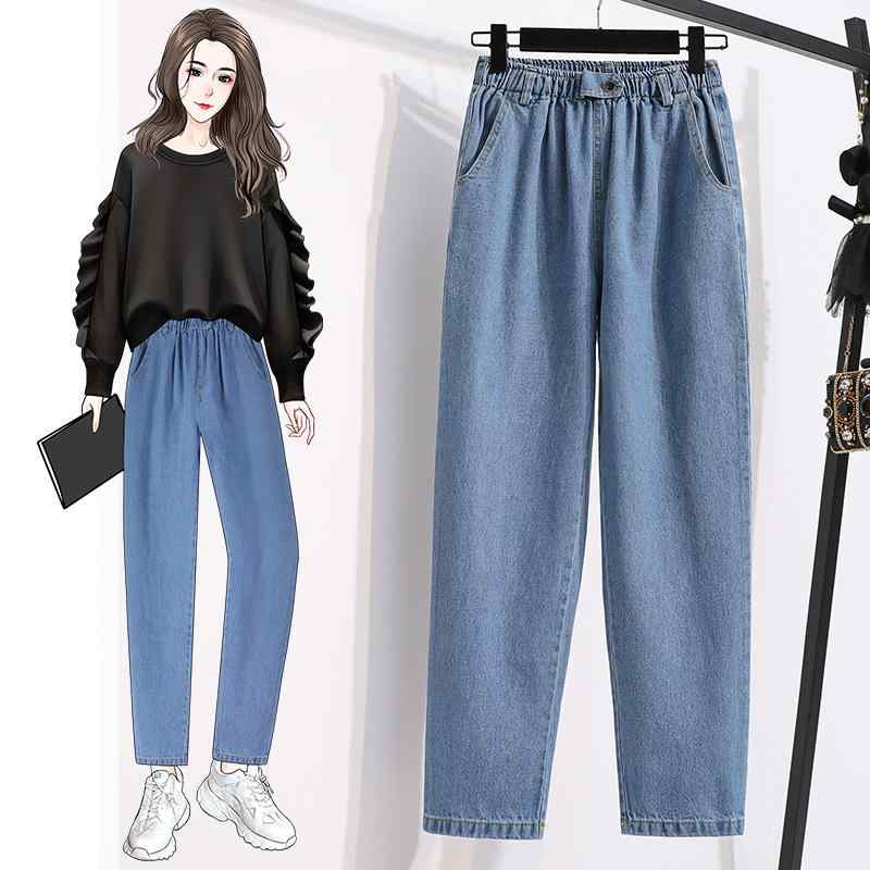 Long Pants - デニムパンツ 女性用 高腰 ストレート ハーレム ワイドレッグ 秋冬 コットン ストレッチ ライトブルー ダークブルー 軽量 吸湿速乾 スリムフィット 日常使い ゆったりシルエット 九分丈 洗い加工 ビッグサイズ