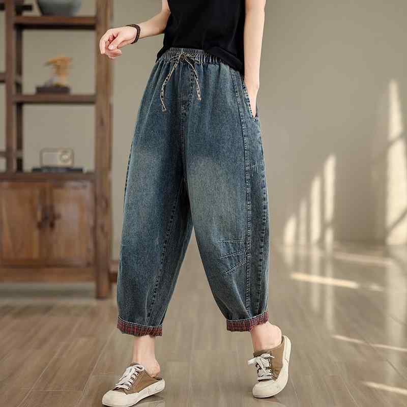 Cropped Pants - レディース デニムパンツ 牛仔布 綿素材 夏用 ハイウエスト 九分丈 カラーブロック ワイドレッグ ルーズフィット ハーレムシルエット ビンテージ ウォッシュ加工 多ポケット ゆったり 快適 軽量 吸湿速乾 ブルー ライトウォッシュ 春夏 秋冬 通勤 普
