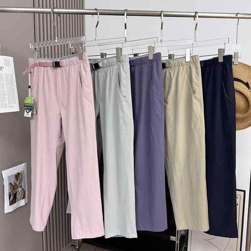 Capri Pants - レディース 夏 九分パンツ 軽薄 透気 高弾力 防水 速乾 ハイウエスト コットン ナイロン 切り替え 直筒型 テーパード シルエット 薄手 伸縮性 吸湿速乾 接触冷感 都市風 通勤用 普段使い アウトドア 軽量 カーキ ピンク 紫 シルバー ネイビー