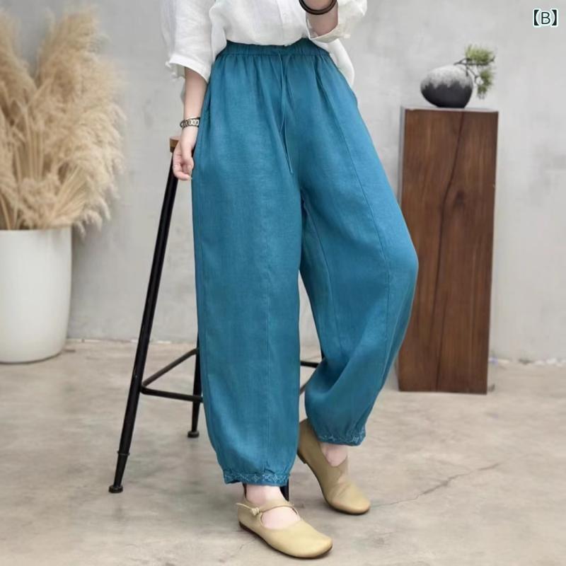 レディース 麻 ロングパンツ 刺繍 ワイド ハイウエスト ロブパンツ 春夏 復古 ゆったり 系リボン 快適 日常使い 中厚手 直筒 無弾性 麻色 孔雀ブルー カーキ ホワイト イエロー