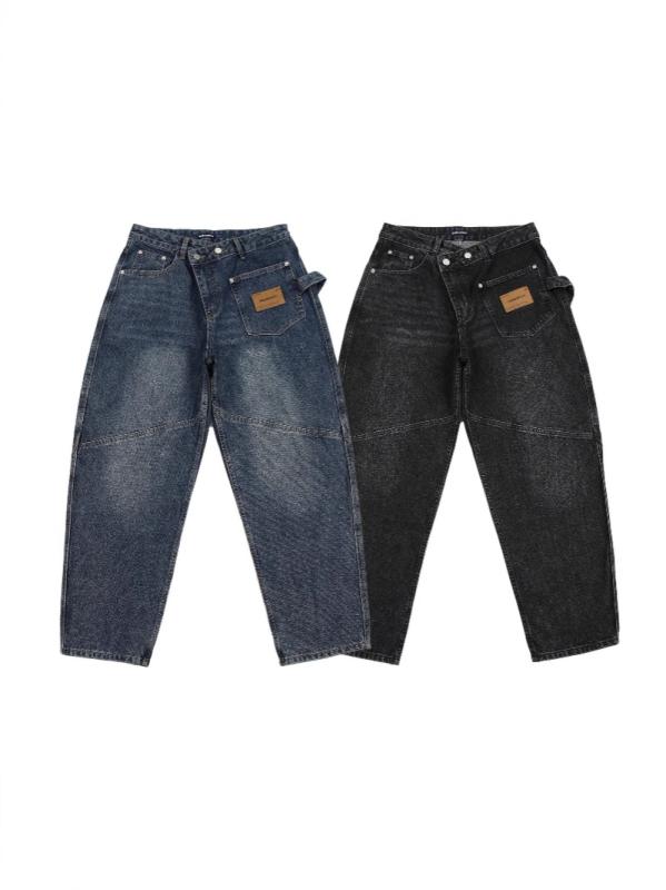 乐天商城 - メンズ デニムパンツ 工装風 復古デザイン ヒップホップスタイル ハイウエスト 直筒シルエット ラグラン開襟 ポケット付き 水洗加工 コットン素材 ブルー ブラック 春秋 日常使い 青少年向け ゆったりカジュアル