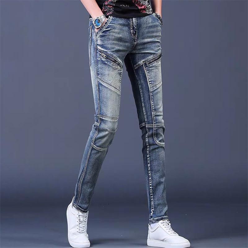 Pants - メンズ デニムパンツ コットン ストレッチ 細身 小脚 ミッドライズ ジッパー ロング丈 洗い加工 レザースタイル タイトフィット ブルー 通勤 普段使い 青少年 ユニセックス カジュアル ポケット 装飾 軽量 伸縮性 吸湿速乾 通年