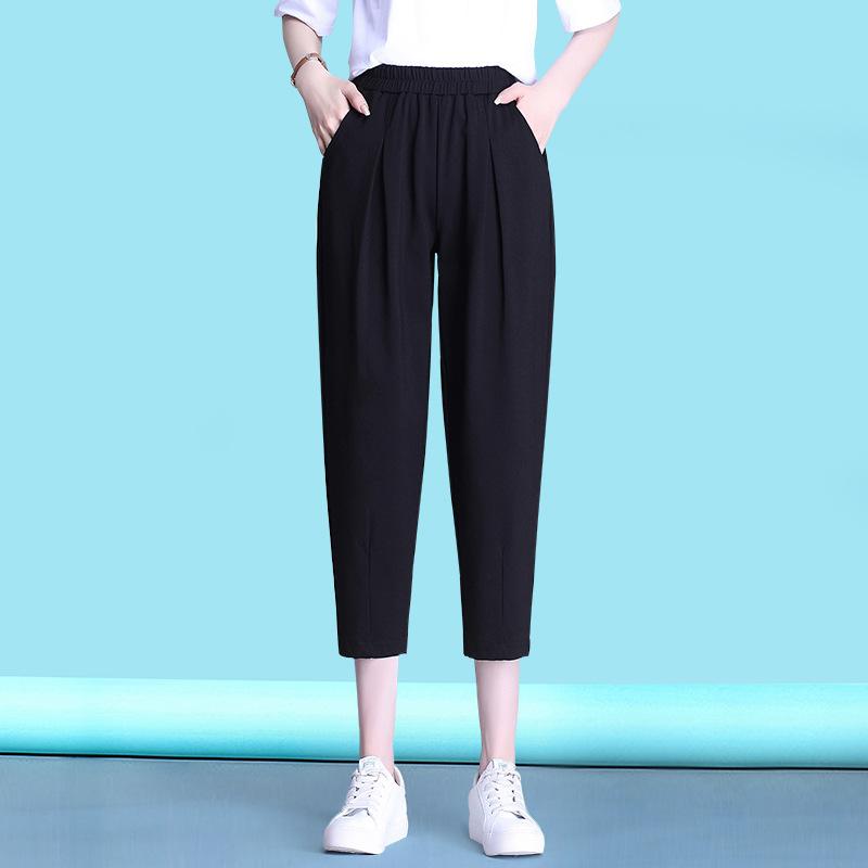 Rakuten - レディース ワイドパンツ コットン 混紡 接触冷感 ハーレムパンツ テーパード ハイウエスト プリーツ 九分丈 ブラック 夏用 ゆったり 大きいサイズ 通勤 普段使い 快適 軽量 伸縮性 吸湿速乾 気質 カジュアル スタイル