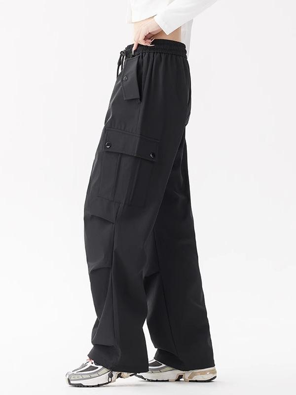 レディース ワイドレッグパンツ 工装パンツ 女性用 ゆったりシルエット ミッドライズ ロング丈 防風 防水 軽量 ポリエステル素材 微弾性 伸縮性 吸湿速乾 免烫加工 街頭スタイル トレンド 快適 普段使い アウトドア 登山 ハイキング 黒 グレー ブラ
