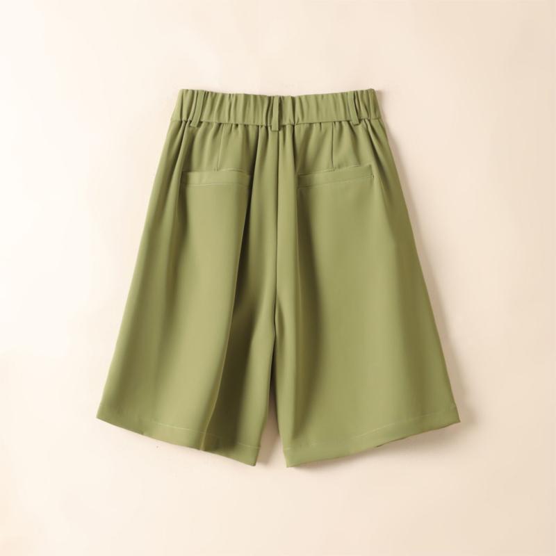 レディース 夏用 ハイウエスト ショートパンツ 薄手 ストレート クロップド ワイドレッグ 接触冷感 百搭 5分丈 カジュアルパンツ スーツ風 ショーツ 果緑 黒 白 カーキ ポケット付き 都市スタイル 通勤 軽量 伸縮性 吸湿速乾 クールビズ 女性用