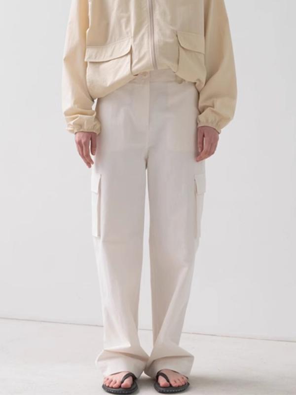 Cropped Pants - レディース 直筒 ワイドパンツ 春夏 白色 透気 薄手 コットン 素材 高腰 ロング丈 工装風 街頭 カジュアル 普段使い 軽量 通勤対応 無彈性 切り替えデザイン
