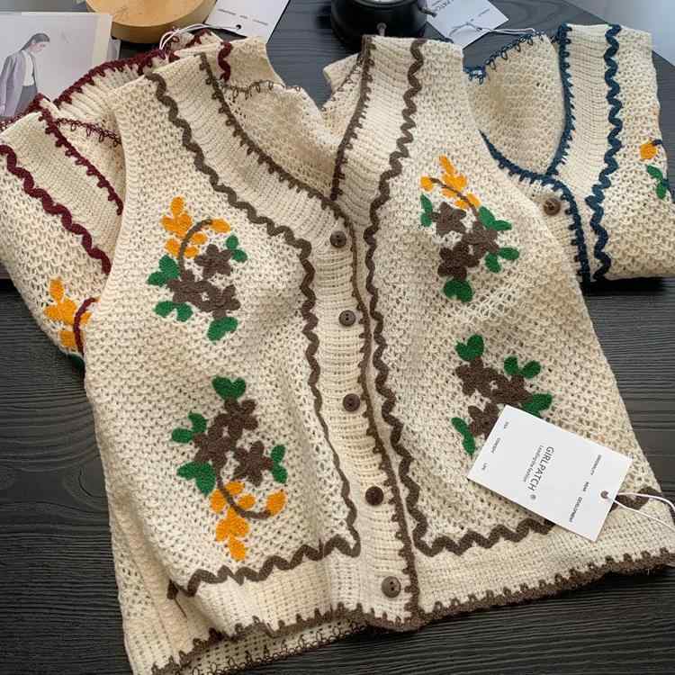樂天商城 - レディース ニット ベスト 外套 無袖 Vネック トップス 復古風 花柄刺繍 春秋 切り替えデザイン 接触冷感 ポリエステル 混紡 軽量 伸縮性 ネイビー ワインレッド ブルー ブラウン カジュアル 普段使い レイヤード
