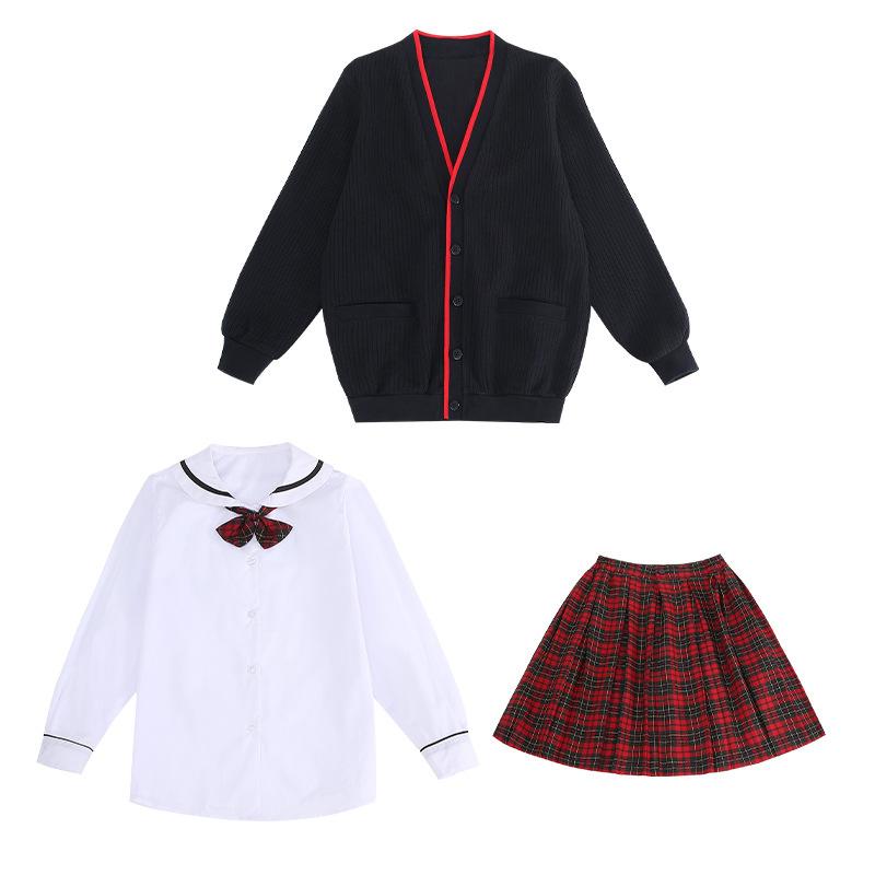・スタイル: 学院・適合年齢: 8歳以上・適合身長: 105cm～155cm・適用性別: 男女・閉合: 単排扣・要素: セット、英倫、欧米・加工: 柔軟・主素材: 綿混紡・綿含有率: 60%・安全等級: A類・フード: なし・セット数: 4点・カラーバリエーション: 女用冬礼服セット、女シャツ+ベスト+スカート、女シャツ、女ベスト、セーター、男用冬礼服セット、男シャツ+ベスト+パンツ、男シャツ、男ベスト、女スカート、男パンツ・組み合わせ: 長袖+スカート・カテゴリ: 校服