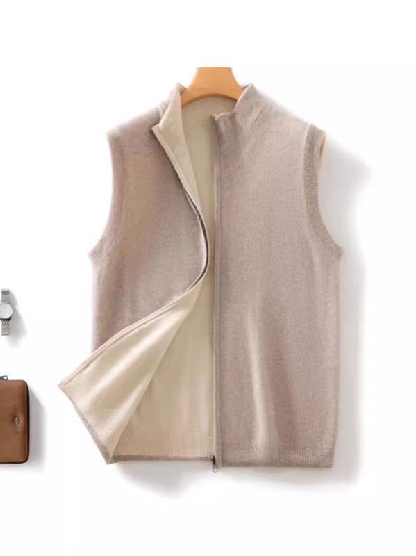 Vests - メンズ ニット ベスト 開襟 ジップ 半高領 無袖 切り替え カラー 羊毛 素材 加厚 保暖 ゆったり シルエット 直下摆 デザイン 米色 緑 グレー ライト グレー ダーク 春 シーズン 休闲 スタイル 大きめ サイズ 針織 加工 日常 使い 暖か コ