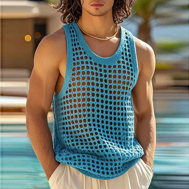 メンズ タンクトップ 春夏 無袖 Tシャツ メッシュ 透け感 セクシー ニット 筋肉 ライン 強調 ゆったり フィット ポリエステル 速乾 吸湿 切り替え レース デザイン 直線 ヘム ブルー ピンク グレー カジュアル スポーツ ウェア トップス レイ