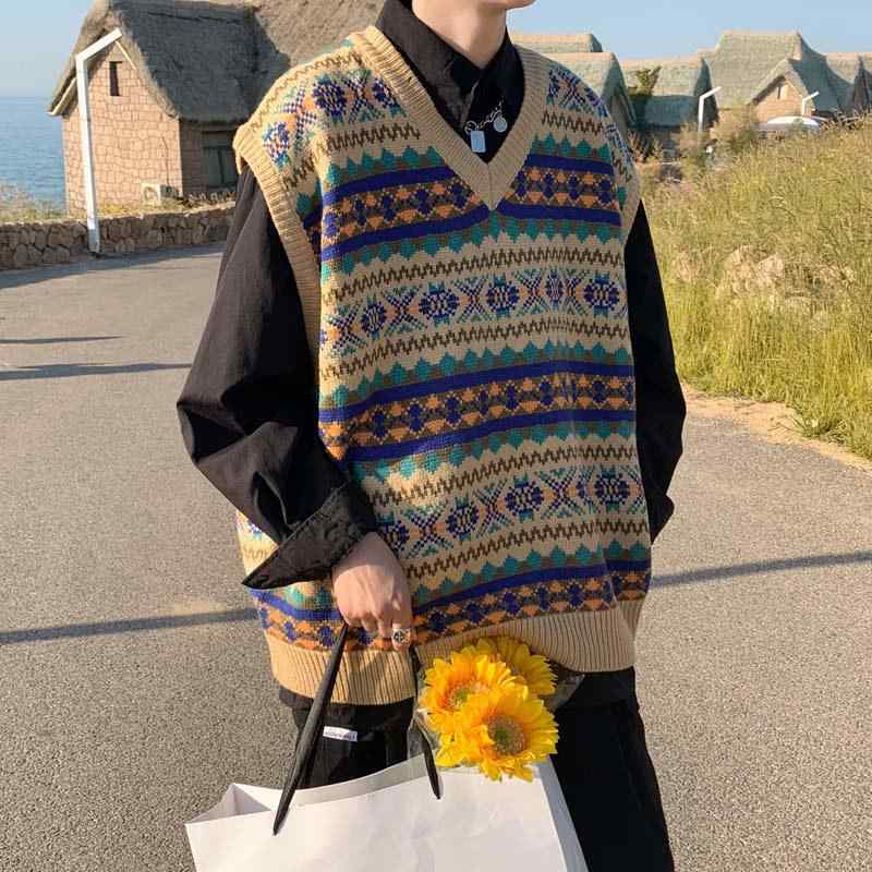 乐天商城 - メンズ ニット ベスト 春秋 トップス 男性用 無袖シャツ 学生服 潮流 ストリートファッション ワイドシルエット オリジナルスタイル ゆったり レイヤード インナー 化繊混紡 ポリエステル100 幾何学柄 無領 セットイン 直裾 免燙加工 提花柄 カー