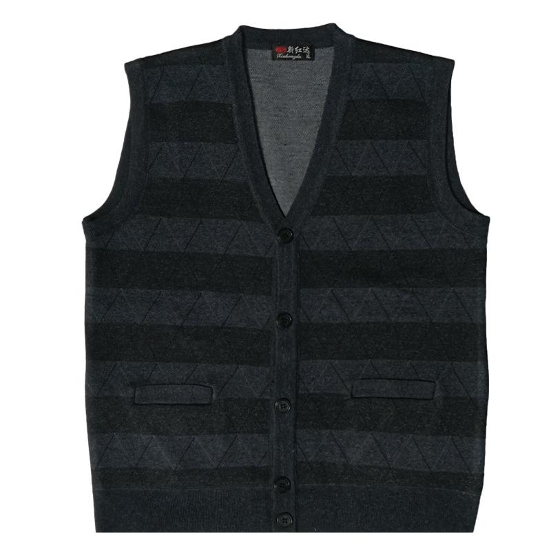 Vests - メンズ ニット ベスト 開衫 中年 男性用 ゆったり シルエット Vネック 単排ボタン 綿混紡 素材 ローテクス 裾 明線 サイドポケット かき色 浅グレー 深グレー 藍グレー 提花 柄 春秋 季節 ゆったり フィット 軽量 快適 トップス