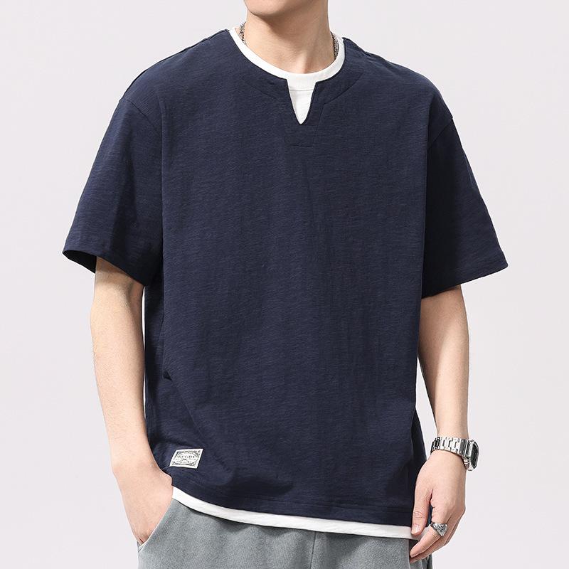 T シャツ メンズ 短袖 ゆったり 大きいサイズ 夏用 薄手 竹節柄 コットン 透気性 落肩袖 丸首 プリント柄 カジュアル カラーブラック ネイビー