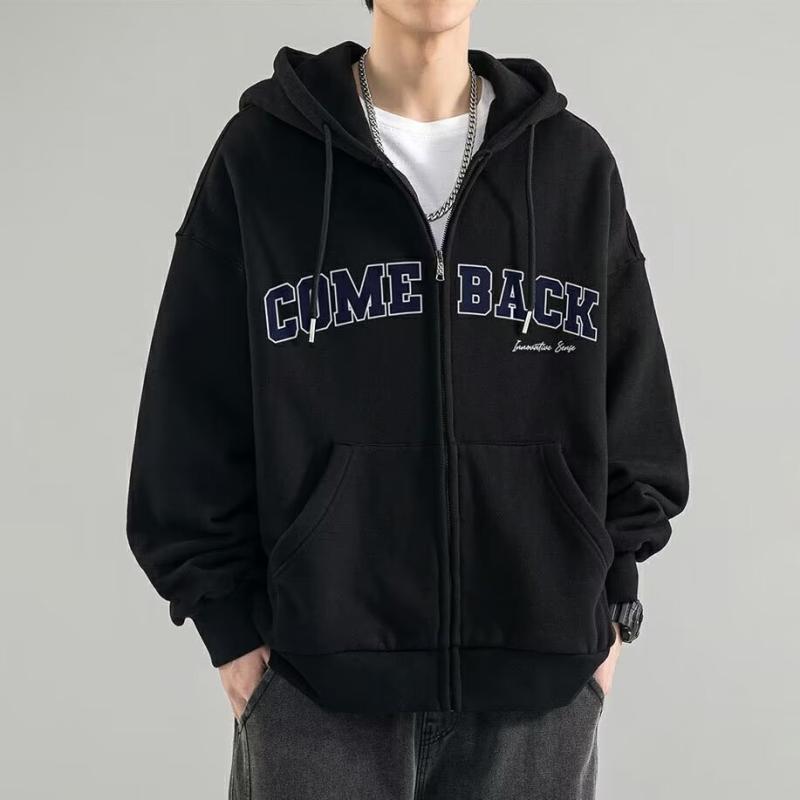 ・スタイル: 運動休闲・カテゴリ: 卫衣/绒衫・款式: 开衫・領型: 翻領・袖丈: 長袖・フード: あり・ジッパー: あり・厚み: 薄款・主な素材: ポリエステル繊維（ポリエステル）96%以上・素材名: 化学繊維混紡・適用シーン: 休闲・柄: 字母・ディテール: 印花・フィット: ゆったり・加工: 印花/印染・ポケットスタイル: ダークステッチ貼袋・カラー展開: ブラック、ダークグレー、杏色、白・サイズ展開: M、L、XL、XXL、3XL、4XL、5XL・対象年齢: 成人・対象性別: 男性・重量: 約250-300g