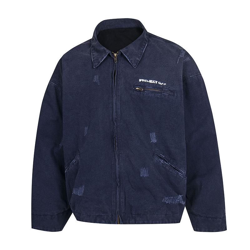 メンズ ジャケット コットン デニム 加工 長袖 ジッパー 防風 ゆったりシルエット 青少年向け 冬用 ストリートスタイル コージモール ウインドストッパー ルーズフィット コージデニム ミッドウェイト レイヤリング ダークネイビー コットン80 キャ
