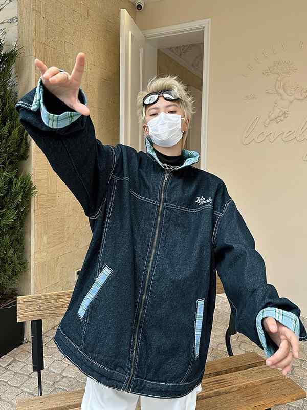 メンズ ジャケット 牛仔 クラシック チェック 柄 切り替え デザイン スタンドカラー 長袖 ルーズフィット ポケット 付き 直裾 ポリエステル 混 デニム 素材 色落ち 耐性 日常 使い 通勤 春夏 秋冬 対応 青少年 向け 軽量 通気性 伸縮性 カジ