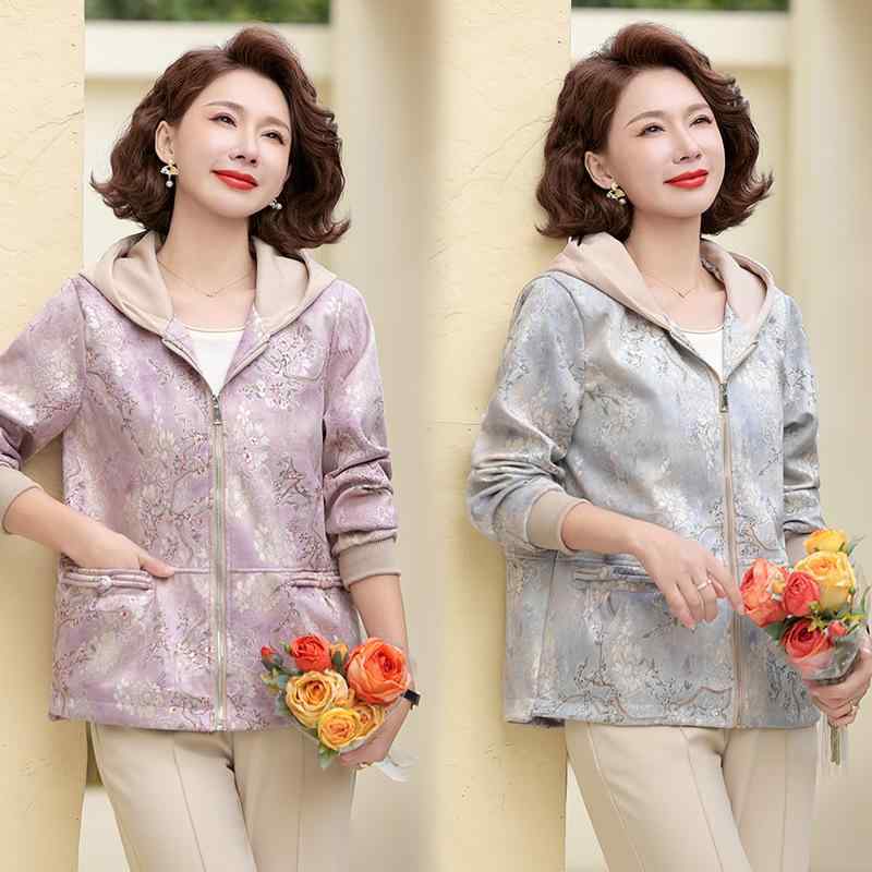 乐天商城 - 中高年女性用 春夏 フード付き ジップアップ ジャケット トップス ワイドシルエット 長袖 紫色 ブルー 通勤風 気質 ポリエステル 吸湿速乾 軽量 中厚 ミドル丈 コート 母子 普段使い 秋冬 切り替え デザイン 女性用 ブラウス シャツ コットン 風