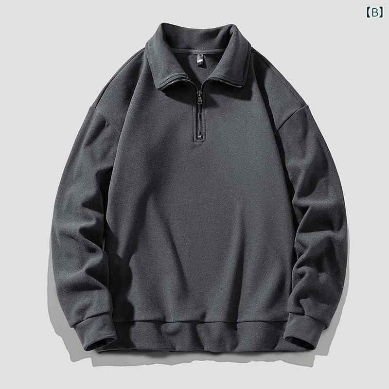 メンズ フードレス フラップカラースウェット 長袖 トップス 秋冬 化繊混紡 ポリエステル ストレッチ 暖かみ 純色 レイヤード 普段使い スポーツ ランニング サイクリング ハイキング キャンプ 足バスケ 釣り テニス ゴルフ ホワイト グレー ブラッ fork-br-10776084 フォークBR サンプル画像3