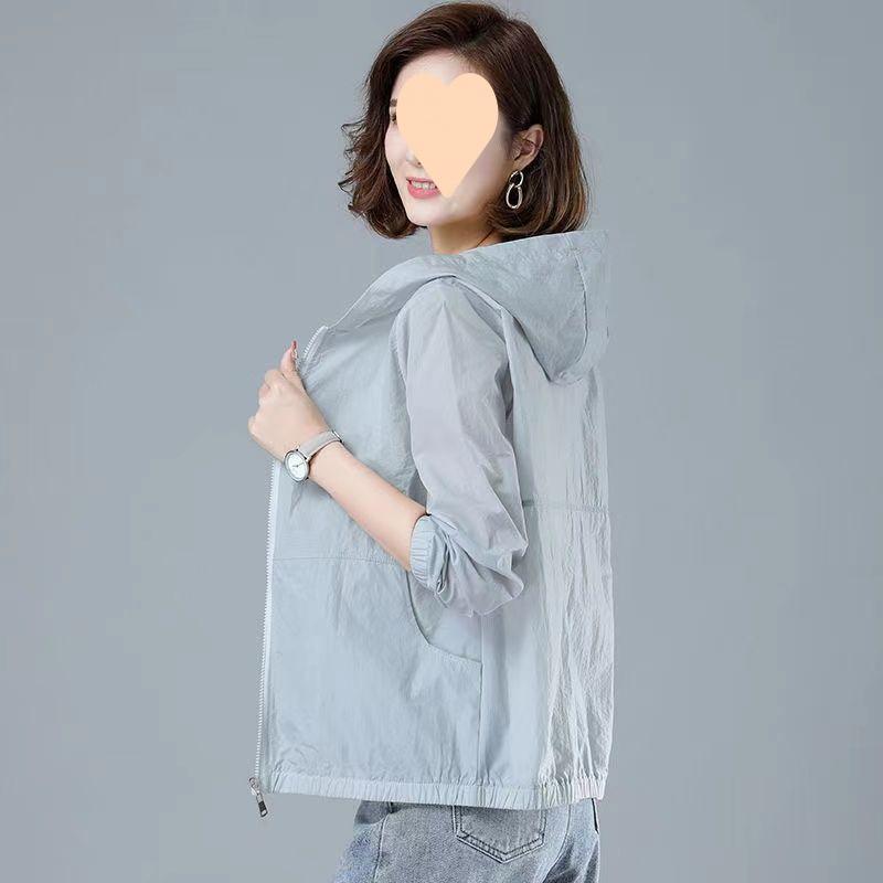 Parka - レディース UVカット 春夏 長袖 薄手 透気性 連帽 防晒パーカー 女性用 長袖アウター ナイロン ジッパー 都市通勤 気質スタイル ピンク ブルー グレー 軽量 吸湿速乾 接触冷感 再生繊維 普段使い 伸縮性 ハイネック ビッグシルエット