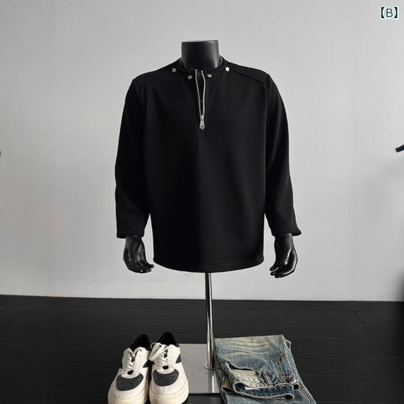 メンズ フーディ ライトグレー リベット 半ファスナー 長袖 トップス 春秋 秋冬 厚手 ショート丈 肩パッド ジャケット ポリエステル ワイドフィット 無地 日常使い カジュアル 伸縮性 吸湿速乾 免烫加工 青少年向け ユニセックス