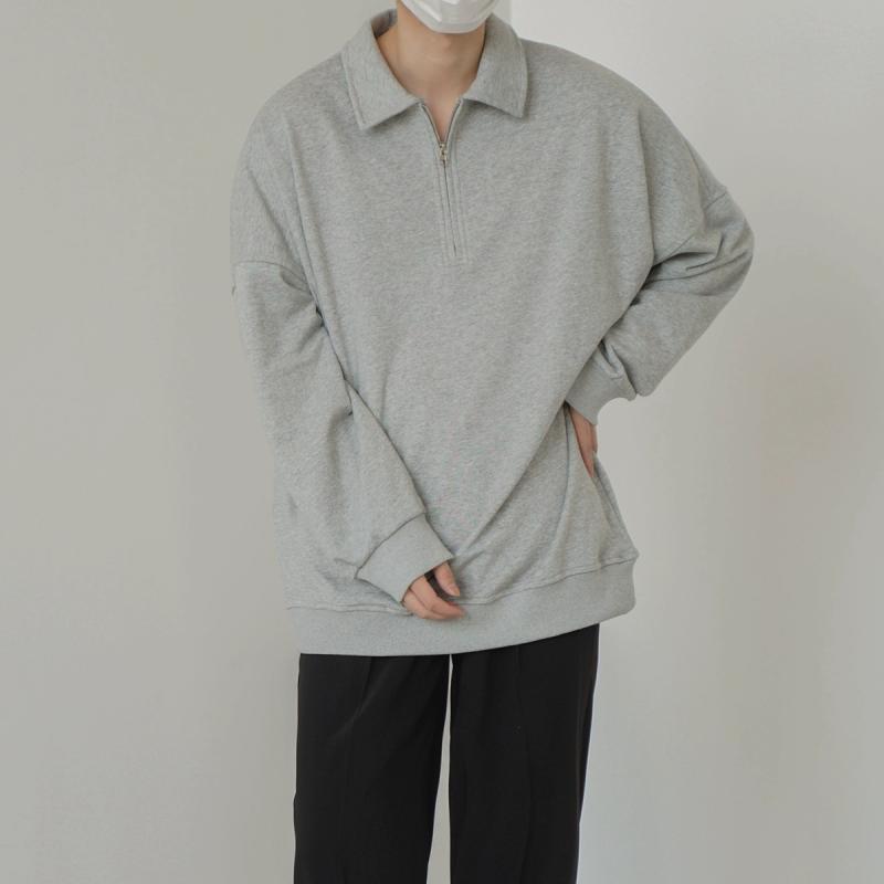 メンズ フード付き フーディー スウェット トップス 春 秋 薄手 プルオーバー スタンドカラー ジッパー ユニセックス ゆったり シルエット 韓国風 カジュアル 日常使い コットン調 ポリエステル 無地 ブラック グレー 吸湿速乾 軽量 伸縮性 部屋着