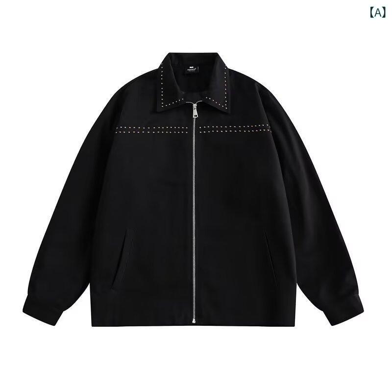 メンズ ジャケット コットン 100% ブラック 長袖 フラップカラ ジップアップ ルーズフィット 金属装飾 リベット デザイン 耐摩耗 秋冬 春夏 ユース カジュアル ストリート スタイル アウトドア 普段使い 外套 トップス コート トップス 耐久性