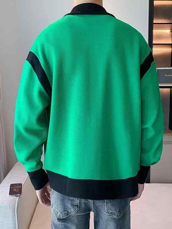 メンズ ジャケット 復古 秋冬 切り替え ニット 合体型 ダブルジッパー デザイン 韓国風 痞帅 スタンドカラー 防水 耐磨 防風 ポリエステル混紡 緑 黒 ロコク サイドポケット ルーズフィット ティーンエイジャー向け キャンパススタイル ラウンドヘム