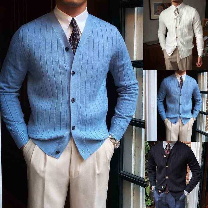 Other - ニット メンズ 春夏 軽ビジネス カーディガン Vネック 長袖 ボタン ロゴ ストレート シルエット 純色 長袖カーディガン 化繊混紡 ポリエステル 免烫処理 ロマンチック ロゴ ボトム リブ仕上げ 軽量 伸縮性 吸湿速乾 白色 天藍色 ブラック 通勤用