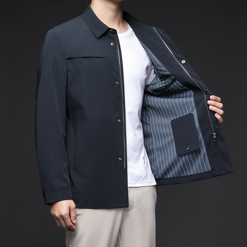 乐天商城 - メンズ ジャケット 中年男性用 ビジネスカジュアル 春夏 秋冬 薄手 ニット混紡 ナイロン ポリエステル 透気性 長袖 ジップアップ スタンドカラー ワイドフィット ラフスタイル シングルカラー 直裾 サイドポケット ライトウェイト ブルー グリーン ゆ