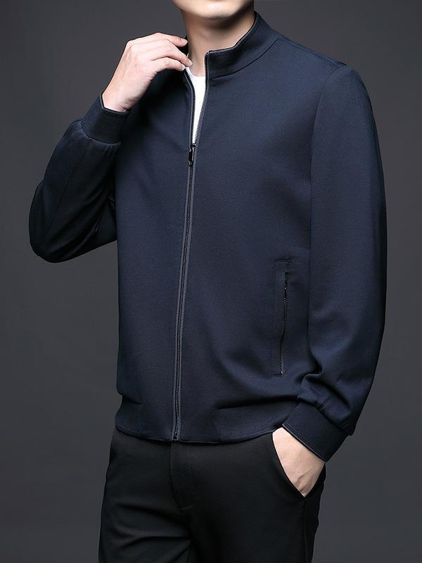 メンズ ジャケット 薄手 春夏 青年向け 韓国風 スタンドカラー ニット トップス 外套 防水 透気性 耐風 吸湿速乾 耐摩耗 防汚 多ポケット 長袖 ブラック ダークブルー ルーズフィット 日常使い 化繊混紡 ポリエステル裏地 免アイロン サイドポケッ