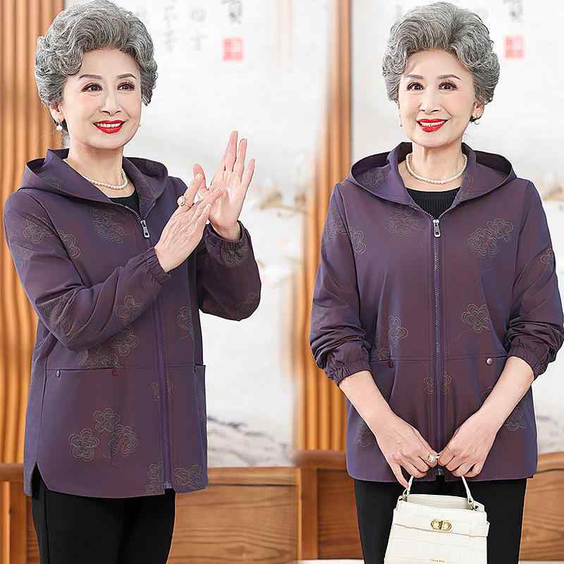 樂天商城 - ミドルシニア レディース 春夏 薄手 ワイドシルエット フード付き ロングジャケット 赤 紺 青 紫 花柄 切り替え 長袖 ジップアップ 気質 通勤 ゆったり 快適 軽量 コットン混 再生繊維 トップス コート 風合い 秋冬対応