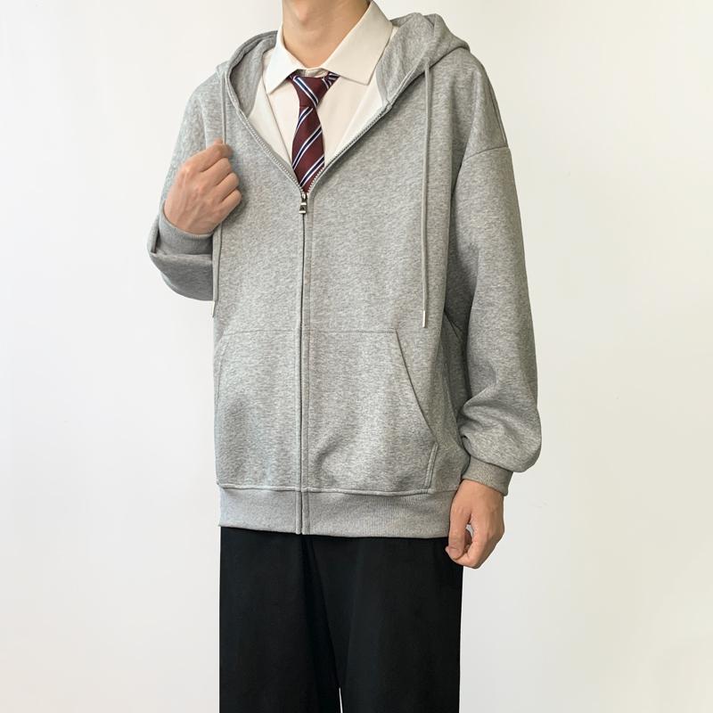 メンズ 開襟 フーディー 春季 トレンド ゆったり ジャケット ファッション ソリッドカラー キャジュアル トップス 長袖 ジップアップ ポリエステル 混紡 素材 免燻処理 明線 貼りポケット 肩落とし 袖 ゆったり シルエット 灰色 黒 ダークグレー