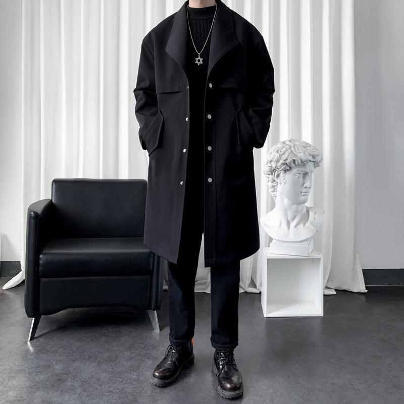 Coat - メンズコート 韓国風 ワイドシルエット ミドルロング丈 膝下丈 トレンチコート 軽量 化繊混紡 ポリエステル95% ブラック ベージュ 通勤 普段使い 秋冬 軽熟風 外套 トップス ジャケット