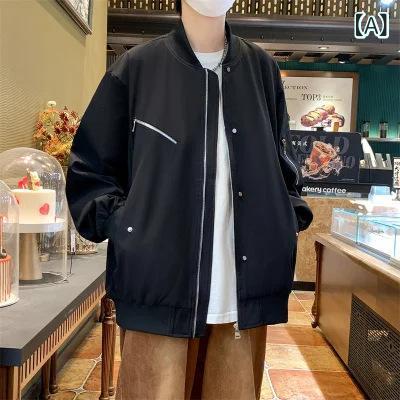 Rakuten - メンズ ジャケット コート 春秋 長袖 無帽 ラグラン 風防 透気 吸湿排汗 耐摩耗 ポリエステル ワイドフィット ジップアップ サイドポケット 直裾 ローファー 日常 黒 軍緑 ベージュ