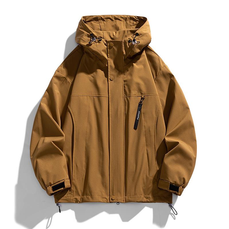 大衣 - メンズ ジャケット フード付き トレンチコート 風防 学生 ストリート コート トップス 秋冬 春夏 ポリエステル 100 透気性 運動スタイル ルーズフィット ジップアップ 長袖 フラップカラー サイドポケット 直裾 免燙 黒 キャラメル ミリタリーグ