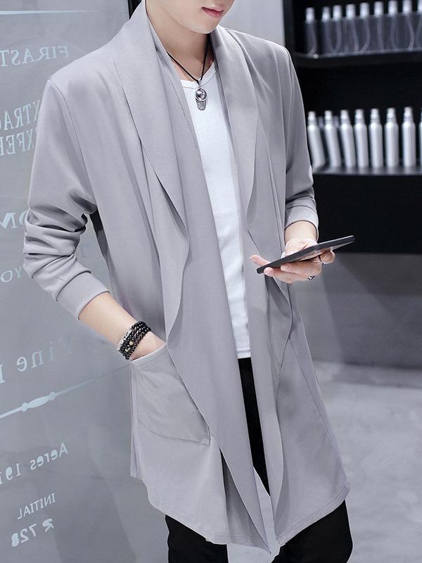 乐天商城 - 春夏 メンズ 中長コート 韓風 ゆったりシルエット 膝下丈 スリムフィット 学生向け 青年向け トレンド 薄手 ポンチョ風 アウター ポリエステル 無地 シングルブレスト スーツカラー サイドポケット ノーアイロン グレー ブラック カジュアル 普段使い