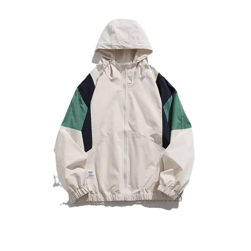 Jumper, Blouson - メンズ トレンチコート ワークジャケット フード付き 防水 防風 軽量 ポリエステル 混紡 長袖 ジップアップ サイドポケット 格子柄 ピンストライプ ピンクベージュ ブルー ゆったりシルエット 直裾 カジュアル 春 秋 普段使い アウトドア レイヤード