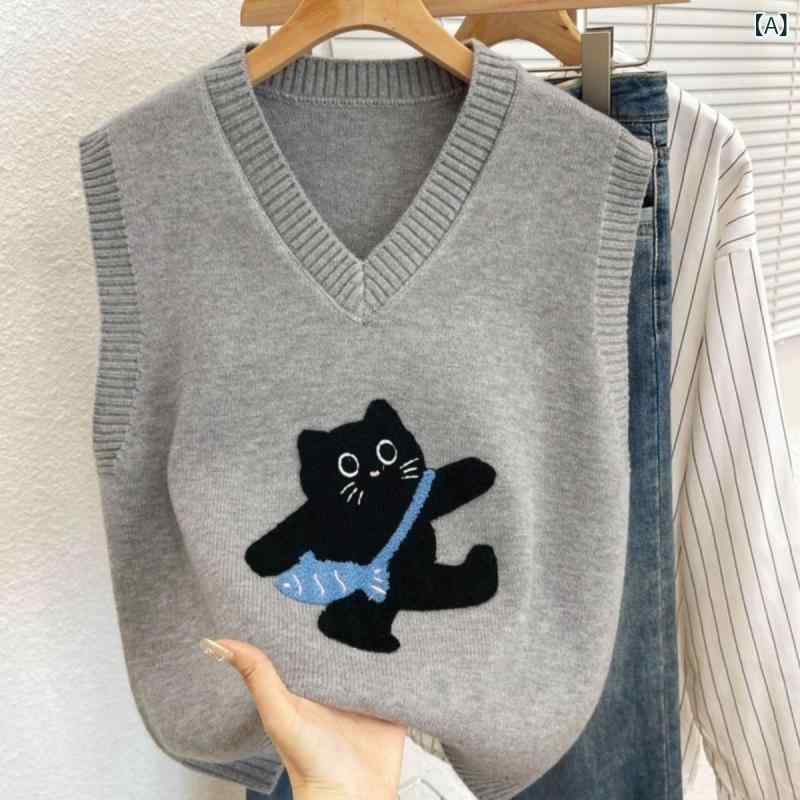 ノースリーブ トップス 女性用 春夏 秋冬 無袖 ニット セーター 針織 ベージュ ワイドシルエット Vネック 3D 猫 プリント 柄 ポリエステル 素材 ゆったり ルーズ フィット 日常 着用 シンプル デザイン 気質 スタイリッシュ 無地 風 長さ fork-br-10781257 フォークBR サンプル画像2