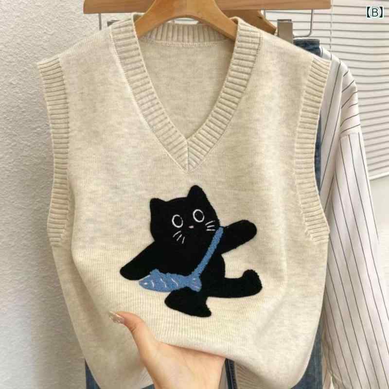 ノースリーブ トップス 女性用 春夏 秋冬 無袖 ニット セーター 針織 ベージュ ワイドシルエット Vネック 3D 猫 プリント 柄 ポリエステル 素材 ゆったり ルーズ フィット 日常 着用 シンプル デザイン 気質 スタイリッシュ 無地 風 長さ fork-br-10781257 フォークBR サンプル画像3