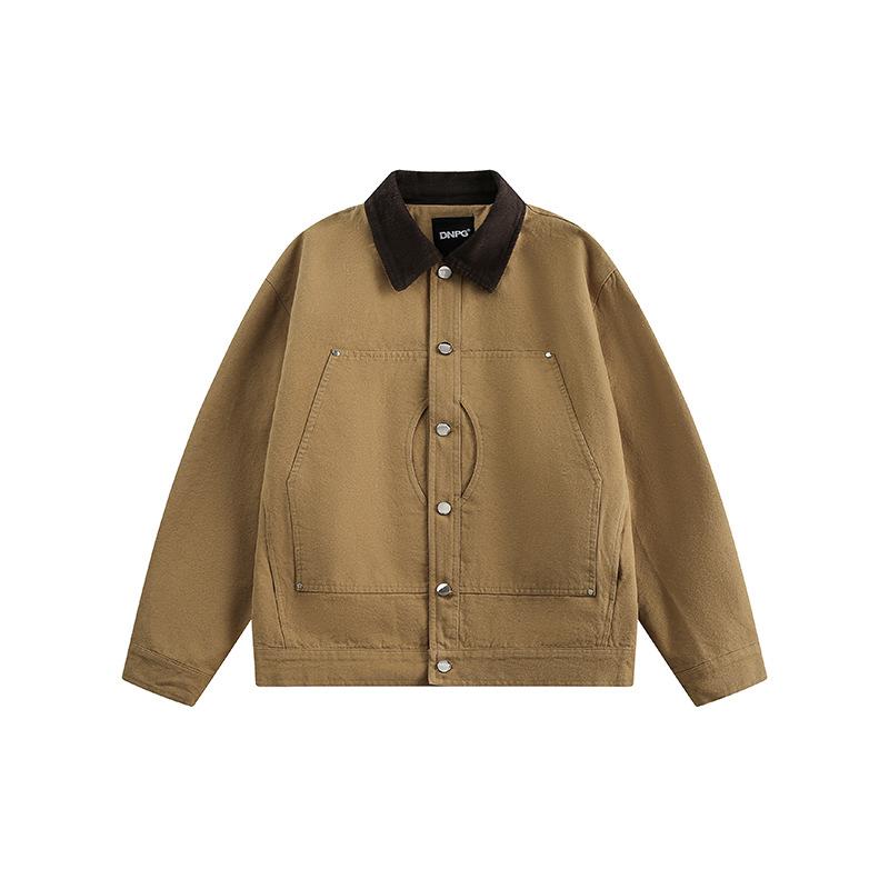 Jumper, Blouson - メンズ ジャケット コットン 素材 耐摩耗 機能 春夏 秋冬 対応 切り替え デザイン 純色 卡其色 長袖 スタンダード 袖 スタンダード ネック ラペル シングル ブレスト ボタン ルーズ フィット ミッド レングス ロング ジャケット ステレオ パッ