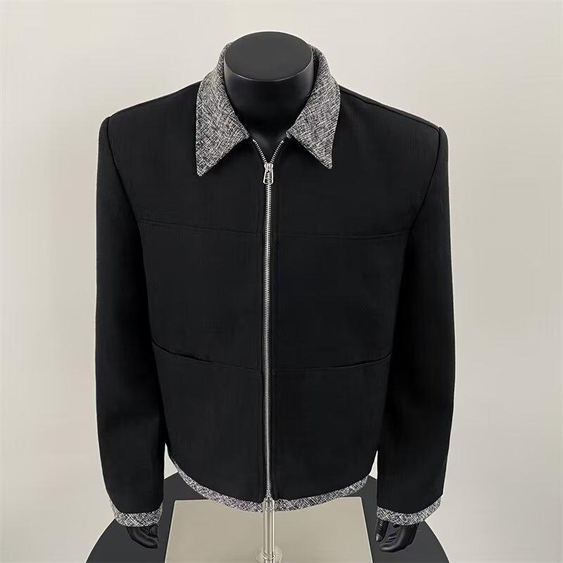 Jumper, Blouson - メンズ ジャケット 短丈 ブラック 春秋 フラップカラー ジップアップ ルーズフィット ウール調 ポリエステル 耐摩耗 日常 切り替え サイドポケット 長袖 ラグランスリーブ 直裾 外出着 カジュアル