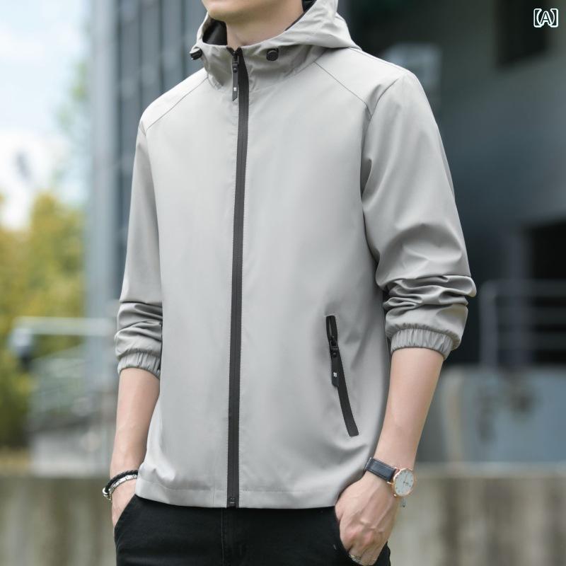 樂天商城 - メンズ コート 春夏 秋冬 ジャケット トップス 男性用 フード付き 無領 ラグラン袖 長袖 ルーズフィット ワイドシルエット 直線裾 ジップアップ ジップポケット 耐摩耗 ポリエステル コットン混 免アイロン 軽量 伸縮性 通勤 普段使い アウトドア