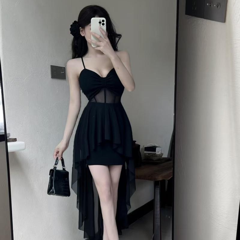 ワンピース 女性用 吊り紐 ミドル丈 連衣裙 セクシー レース 切り替え ブラック 接触冷感 ポリエステル 無袖 フレア 短め スカート 軽量 吸湿速乾 夏 スパイシー スタイル 私服 ナイト ユース