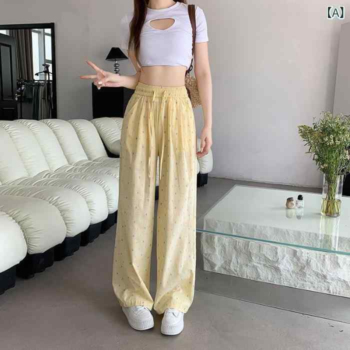 Capri Pants - ワイドパンツ レディース 春夏 接触冷感 ポリエステル ハイウエスト マイクロストレッチ プリント柄 ドット 波点 ドローストリング ストレート ロング丈 薄手 シンプル 日韓カジュアル イエロー ブルー 普段使い 軽量 吸湿速乾 ゆったりシルエット 通